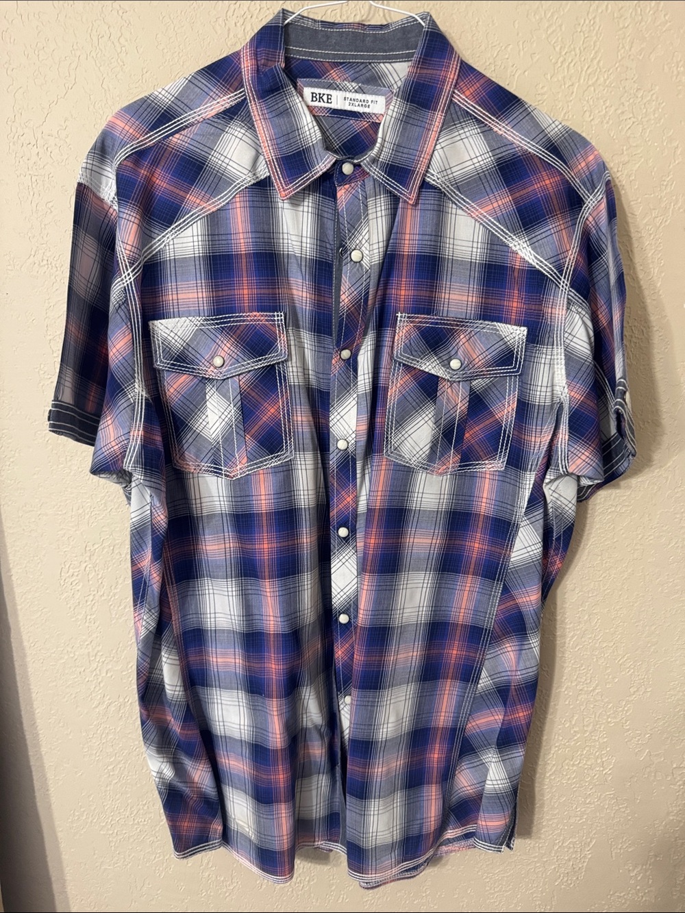 BKE Short-Sleeve Plaid Button-Down Shirt in Blue and Pink